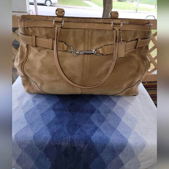 Coach Handbags - Coach Tan Suede Tote with Leather Trim